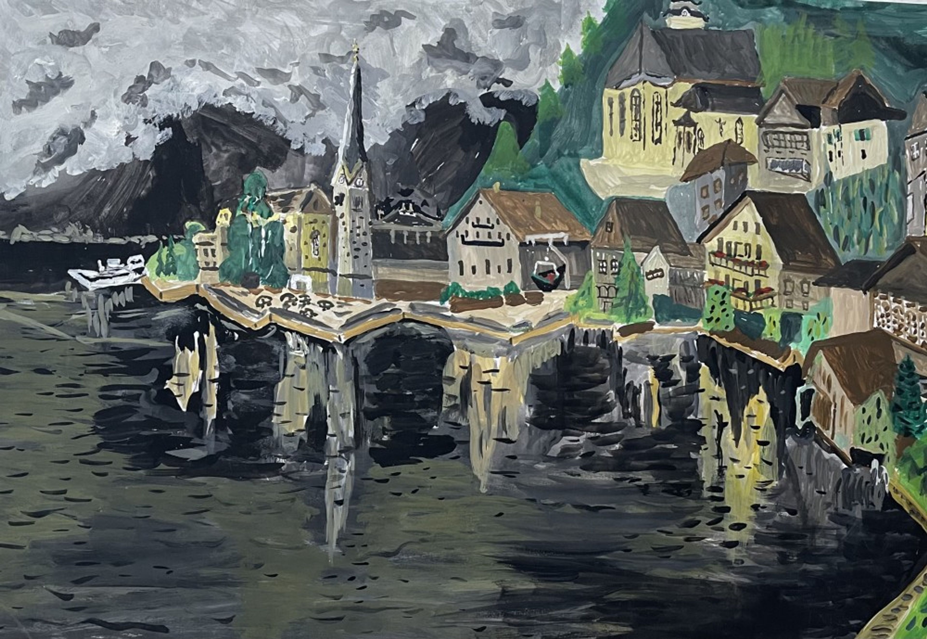 Bergstadt an einem See
